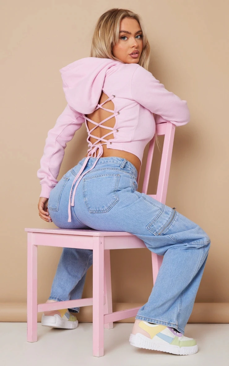 KY Super Cropped Hoodie Long Sleeve LACE up BACK Ladies Crop Top Fleece  Hoodies Women