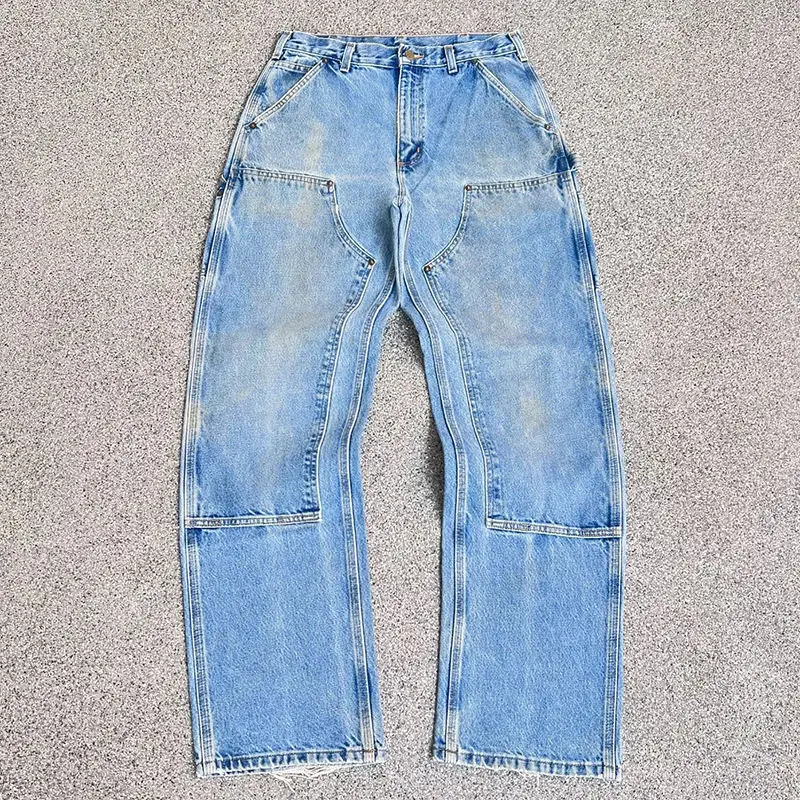 Salati Brand Custom Trouser Distressed Blue Straight Washed Cotton Sun Faded Oversized Double Knee Vintage Denim Pants Men Jeans gallery 8