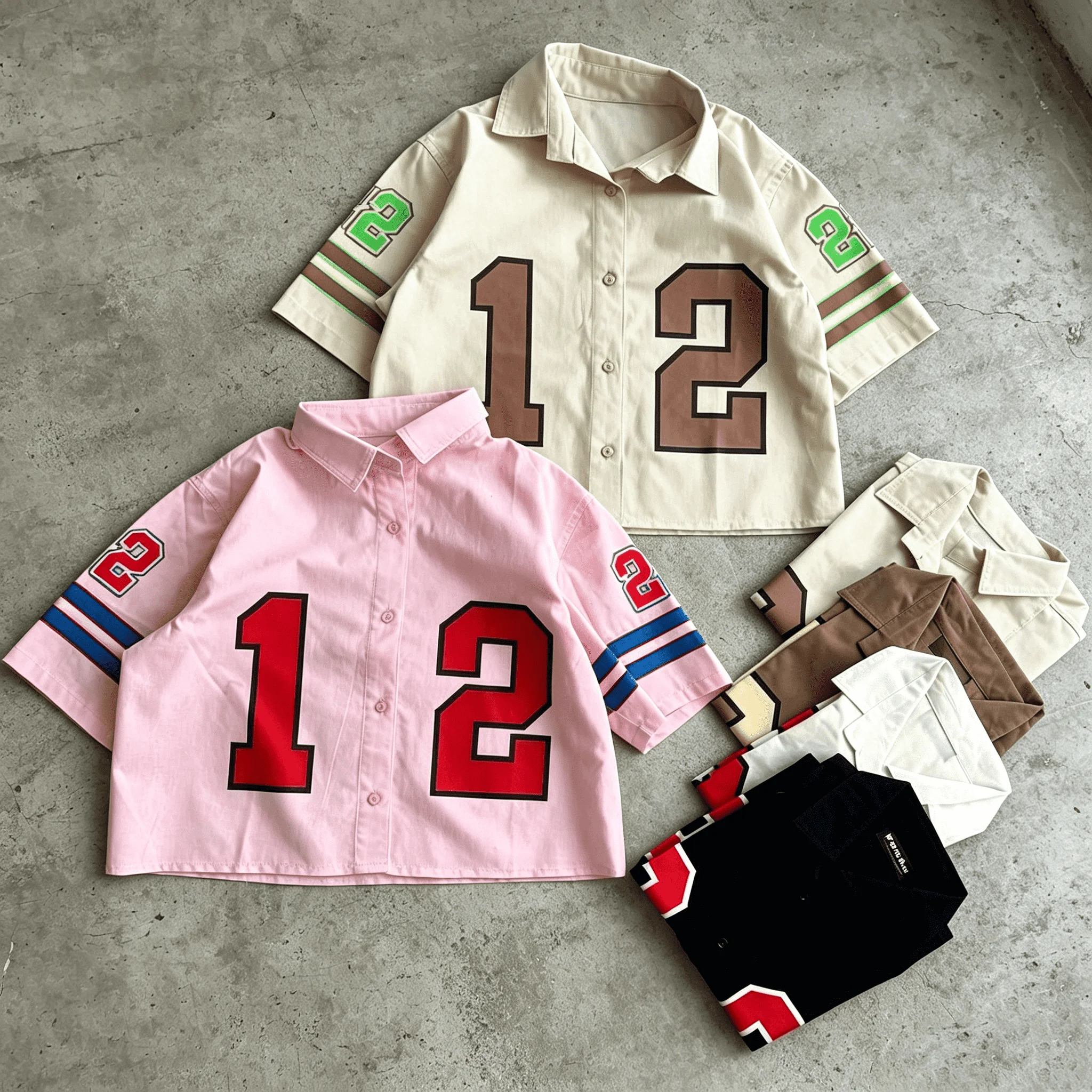 Men Vintage Varsity Baseball Short Sleeve Shirt Striped Cuff Number Print Oversized Boxy Streetwear Button Up Top gallery 4