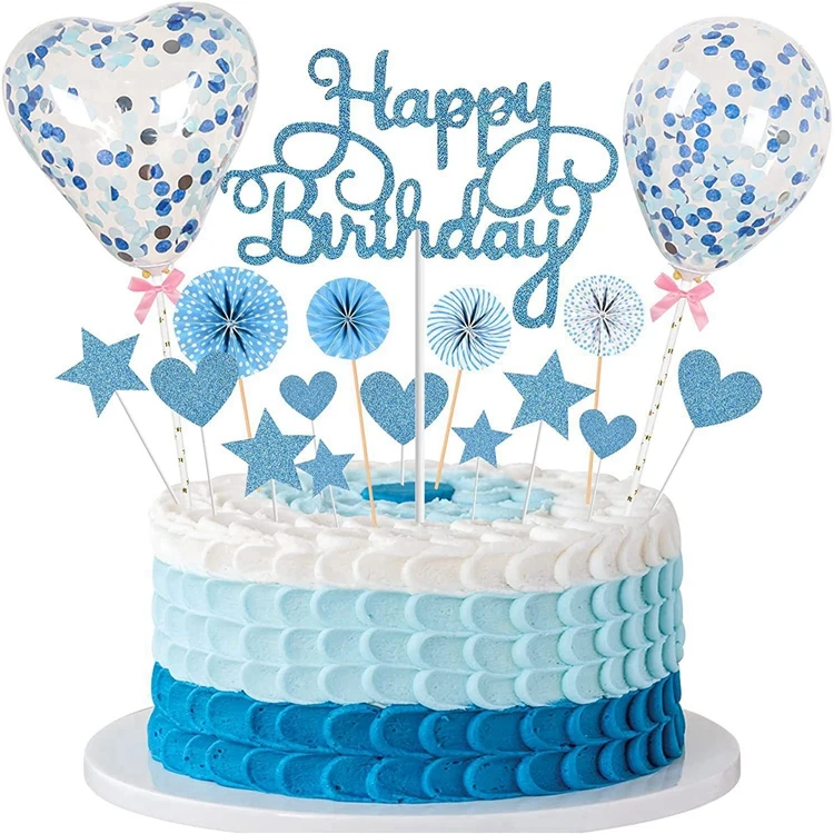 Decoration Gateau Anniversaire Or Happy Birthday Cake Topper Coeurs Étoiles  Deco Gateau Anniversaire Confetti Ballon Éventails en papier pour