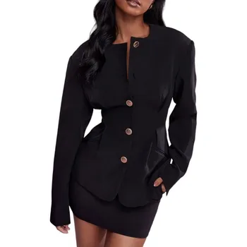 Women Classic Statement Button Collarless Jacket