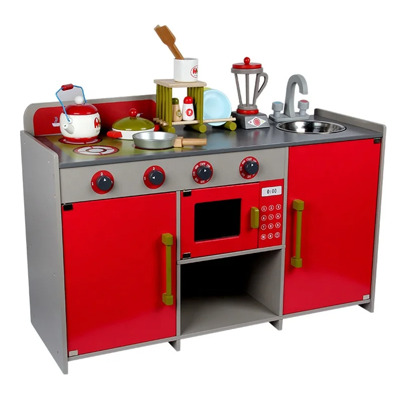 red wooden play kitchen