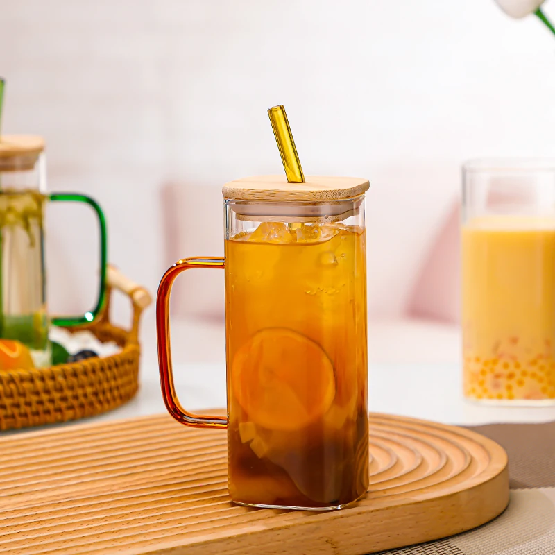 Source 400ml Square Drinking Glasses with Bamboo Lids and Straws for  Hot/Iced Coffee, Juice, Beer on m.