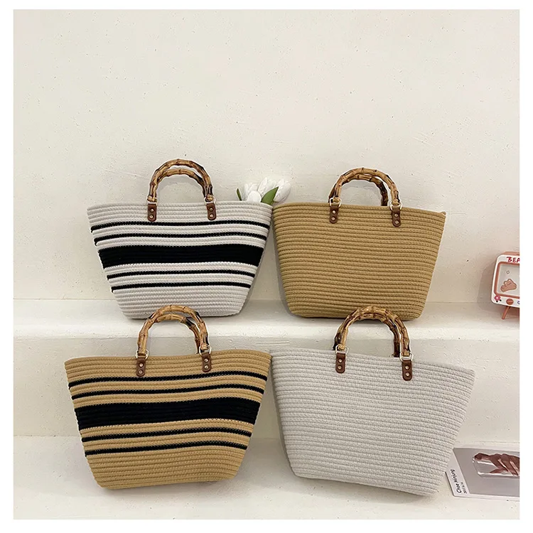 Wholesale Ladies Holiday Handbag Knitted Large Summer Shoulder Bags Bamboo  Handle Woven Beach Tote Bag