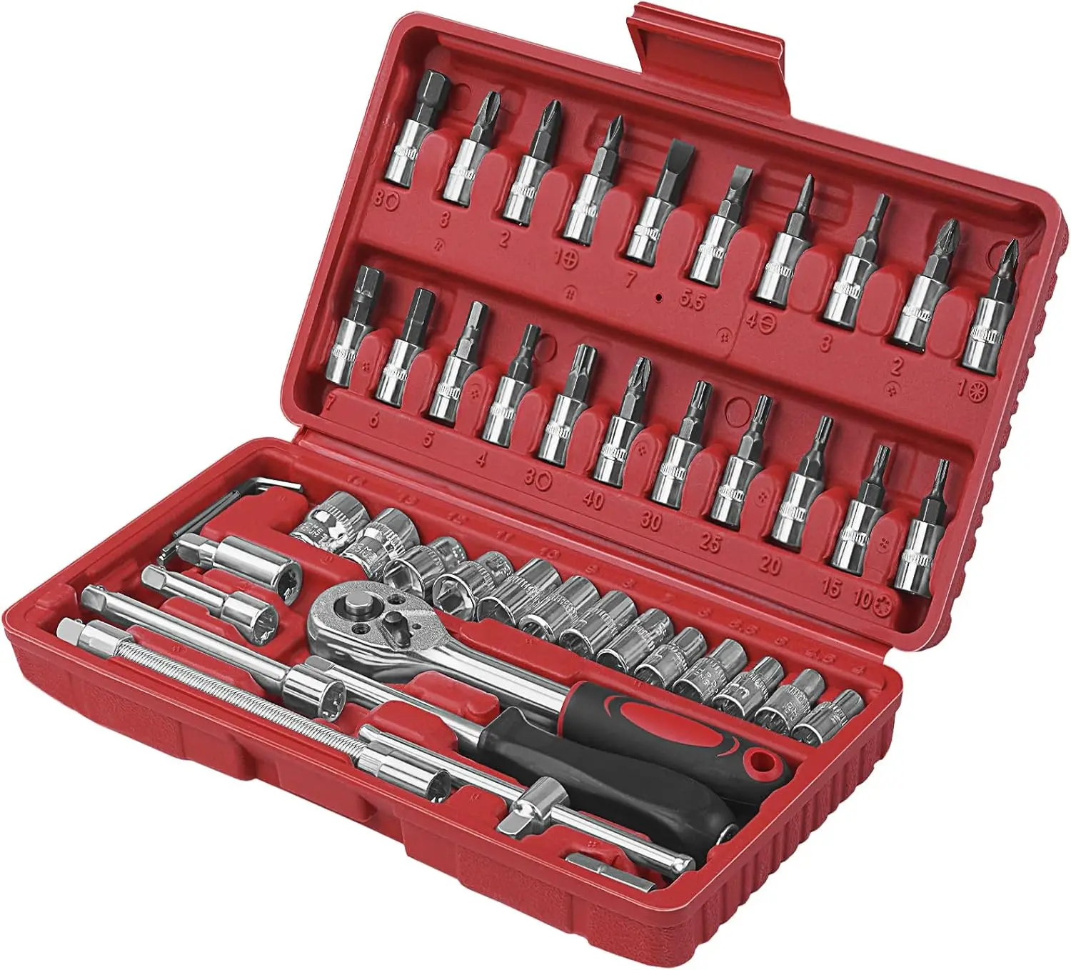 ZSIGNS 46 in 1 Pcs Tool Kit & Screwdriver and Socket Set Wrench Se Cordless Electric Ratchet Set 46 Piece Small Cordless Electric Slim Ratchet  Set – 46-Piece Mechanic Tool Kit With 1/4" Sockets – USB-C Rechargeable,  400 RPM (Red)
