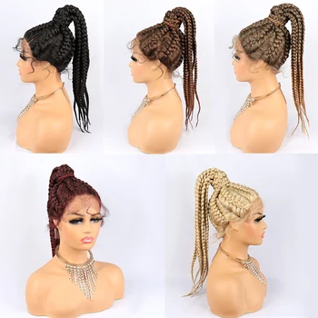 different styles synthetic full lace front cornrow braid wigs for black women, wholesale glueless box braided laces wigs vendors