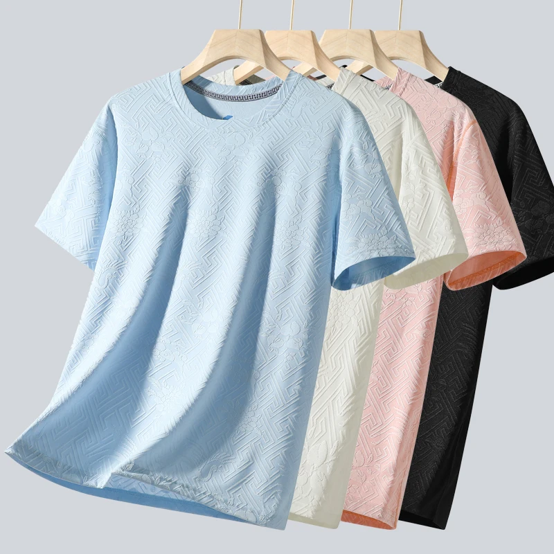 Men's Embossed Geometric Floral Pattern Breathable T-Shirt, 95% Polyester, 5% Spandex, Crew Neck Casual T-Shirt