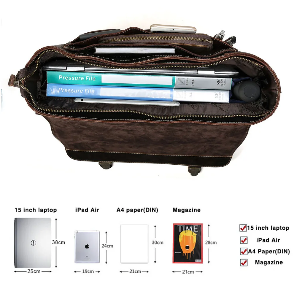 TIDING OEM Custom Top Layer Crazy Horse Retro Style Genuine Leather Shoulder Messenger Bag Laptop Bags Briefcase for Man