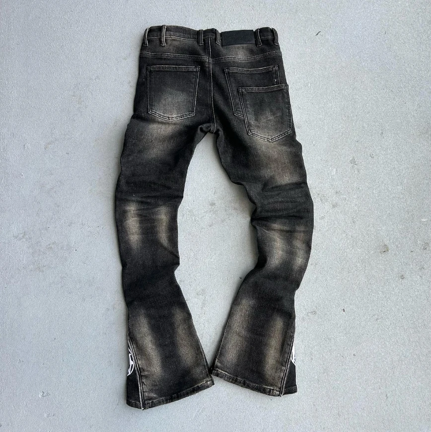 Streetwear Custom Man Vintage Wash Skinny Stacked Zip up Open Bottom Flare Denim Jeans Pants Flared Jeans Men factory