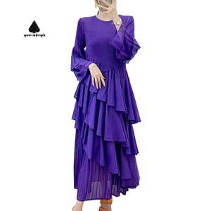 Vintage Ladies Latest Designs Pleated Ruffle Dress High Quality Casual Women Wrinkled Layered Ruffle Club Long Dress