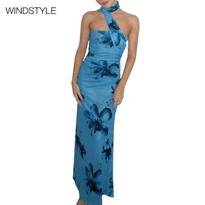 Women's Slim Neck Strapless Floral Chiffon Printed Ribbon Knee-Length Casual Breathable Summer Fashionable OEM Service Available