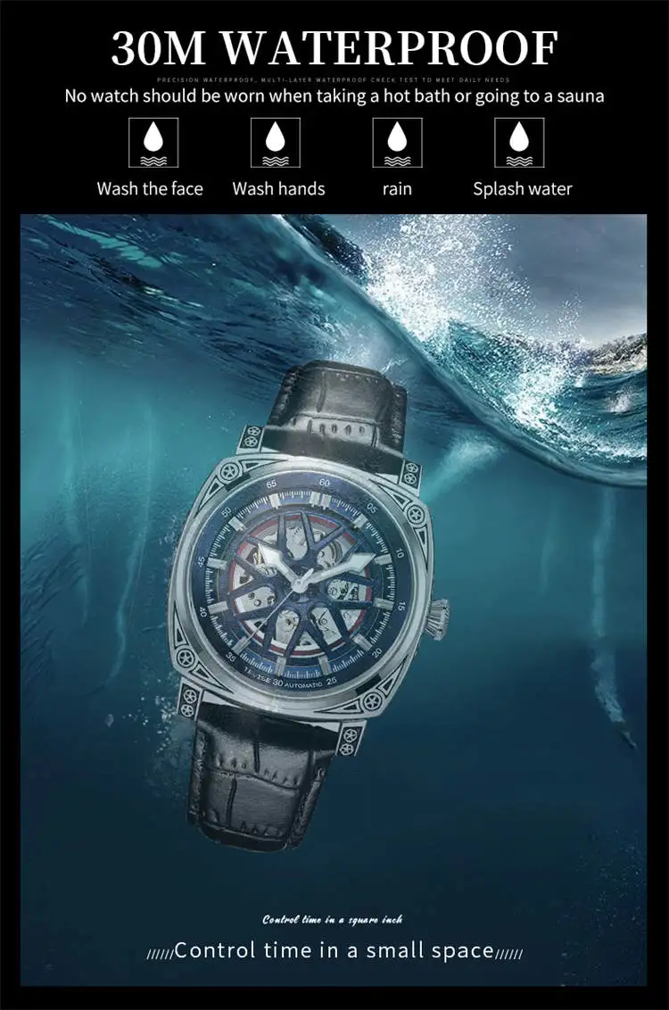 TEVISE  894G Special OEM Men Mechanical Watch ECO Genuine Leather Strap Automatic Hollow Out Luminous Business Watch Company