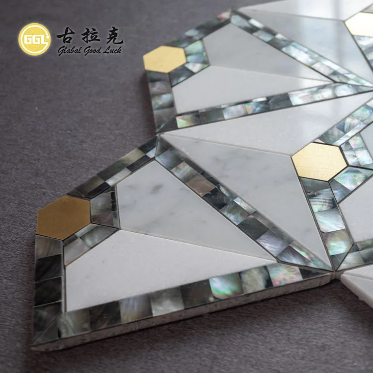 Black Lip Shell Mix White Marble and Brass Mosaic Tiles Waterjet Mosaic Tiles 300*300 mm Sheet