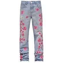 Custom Men Flower Embroidery Jeans Ripped Denim Flare Fit Jeans