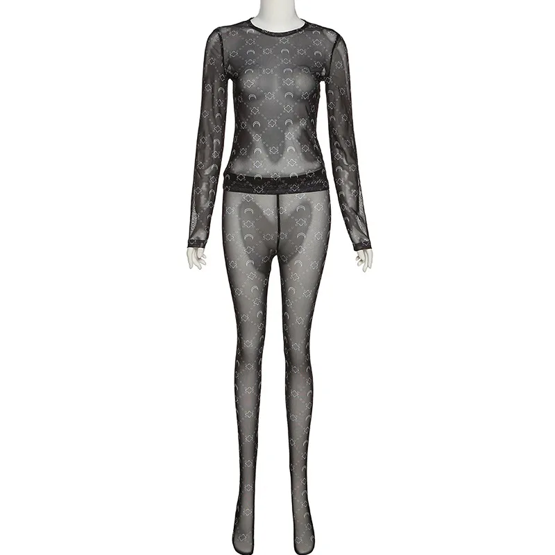 2022 Mesh See Through Slim Two Piece Sets Long Sleeve O Neck Top Pants Sexy Summer Womens 2 Piece Sets