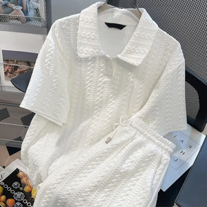 Summer Elegant White Jacquard Women's Sets Casual Sports Zipper Polo Shirt and Shorts 2 Piece Sets Women Outfit Tracksuits
