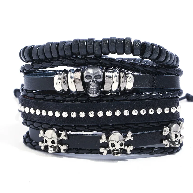 TZ133 Punk Leather Cuff Bracelet Set 4pcs Skull Design