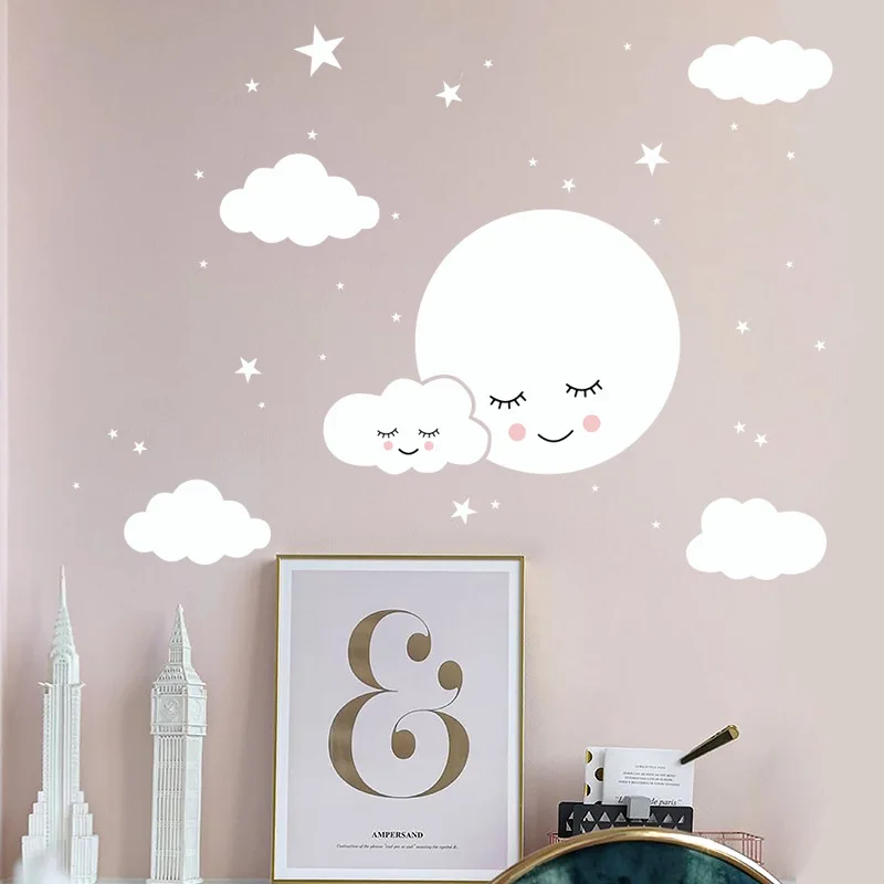 Calcomanías De Pared Con Diseño De Nubes Y Sol, De Acuarela
