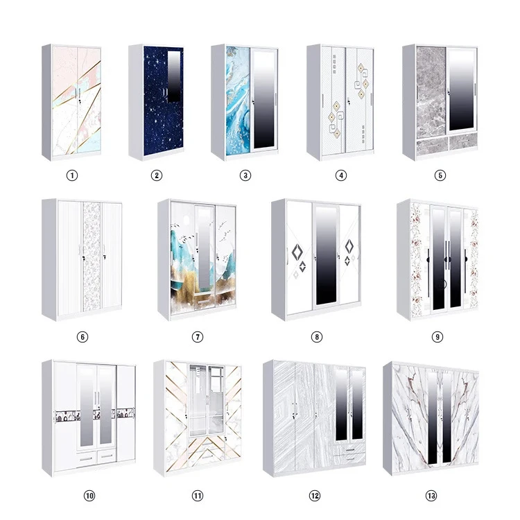 3 Door Mirror Drawer Steel Printed Wardrobe Armoire with Custom Pattern Sliding Door