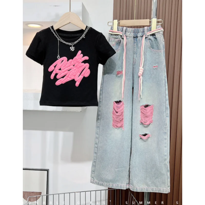 Ms-202 Kids Summer Clothing Set Outfits Child Short Sleeve Tshirt Tops  +Jeans Pants Teenage Girl's Clothing De Chicas De a 10