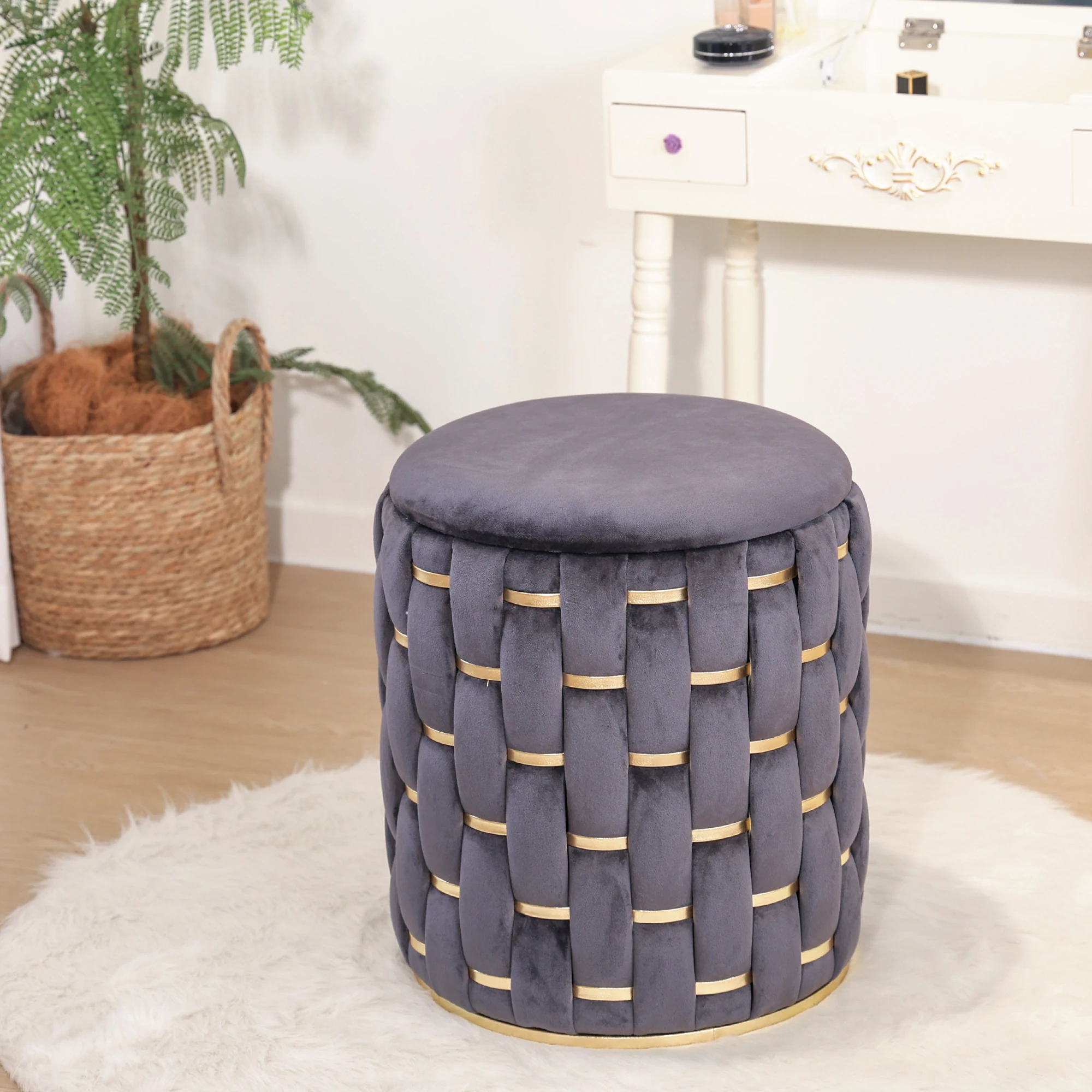 Modern Living Room Furniture Fabric Gold Side Velvet Ottoman Stool with Storage