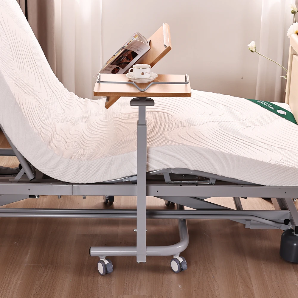 Tecforcare Adjustable Overbed Table with Wheels Pneumatic Rod Medical Overbed Bedside Table Wooden Over the Bed Table