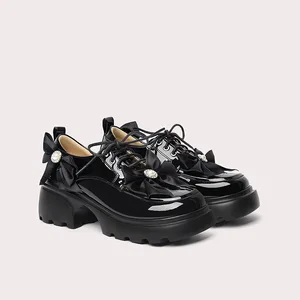 Elegant Women's Loafers Bright Small Leather Thick Sole Casual Lace-up Walking Work Shoes Waterproof Non-slip