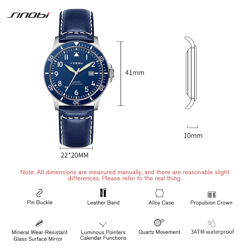 Часы наручные Sinobi S9871G мужские спортивные, спортивные роскошные светящиеся с ремешком из натуральной кожи, с календарем и циферблатом, 2023