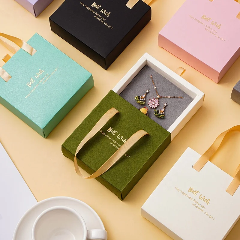 Custom Soft Foldable Cardboard Sliding Drawer Gift Box Carton With Handle Gift Jewelry Display Box With Flocked Foam Insert