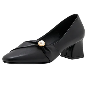 Elegant Black Pu Leather Square Toe Comfortable Slip-On Block Heel Pumps with Rhinestone Accent for Women Summer