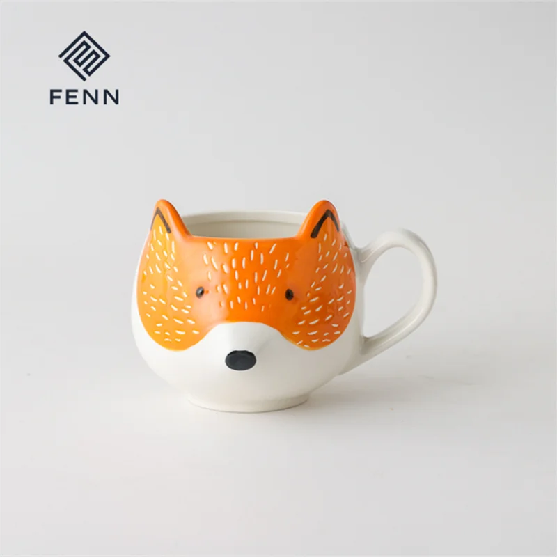 FENN Cute Coffee Mug Cartoon Cute Fox Cat Cow Novelty Water Cup Hand-Painted Ceramic Novelty Mugs Wholesale Ceramic Mug Custom