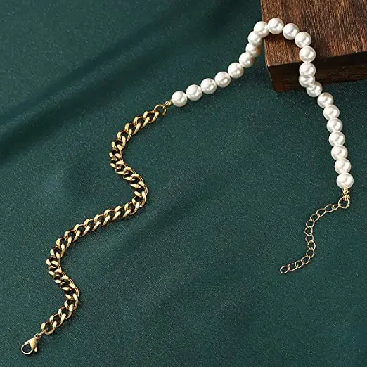 Vintage Mens Half Pearl Half Chain Necklace Bracelet