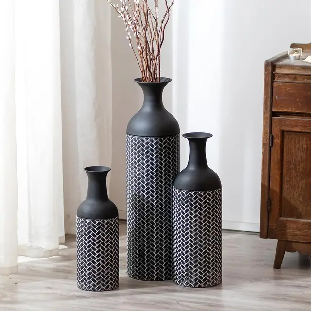 Lander Set of 3 Giant Floor Standing Vase Vintage Floor Metal Vase for Living Room