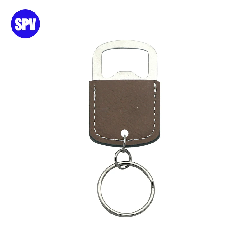 Dark brown laser leatherette bottle opener with keychain, laserable blanks