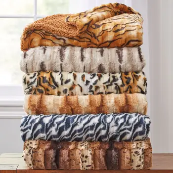 Luxury 2PLY Brushed Faux Fur Animal Print Throw Blanket for Winter High Quality Polyester Soft Warm Cozy Sofa Bed