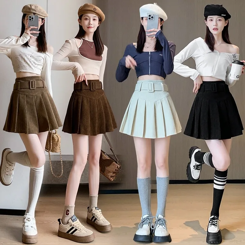 D41121 Women New Sexy Mini Skirt Solid Color Belt Slimming