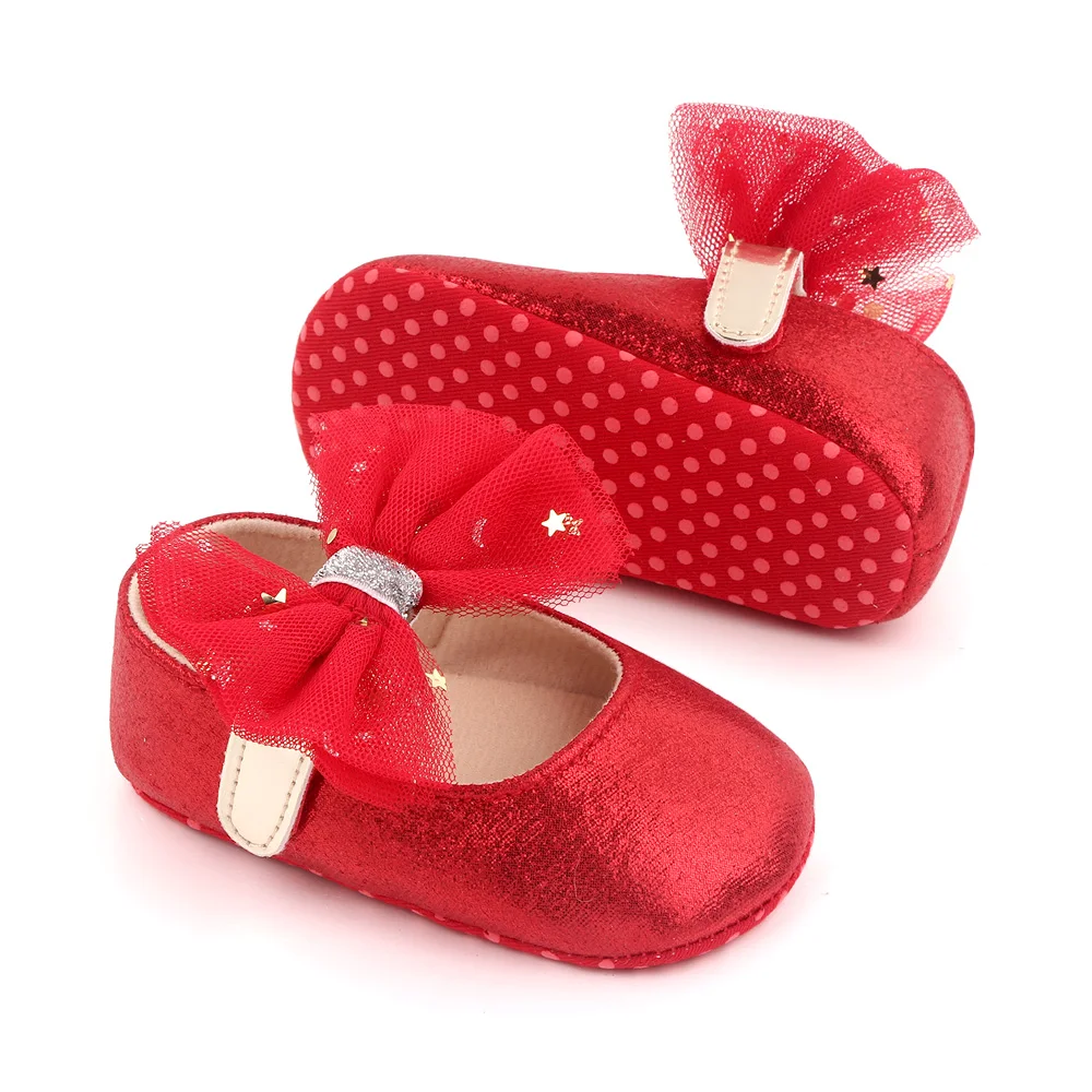 Mesh Big Bow Star Embellished Solid Color Sparkly Bright Baby Girls Princess Walking Shoes manufacture