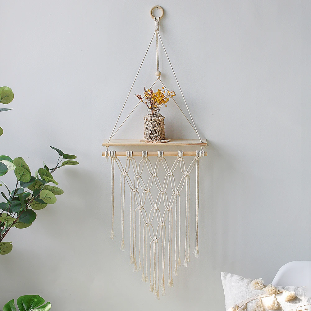 Artilady  3 Tier Layer Macrame Wood Wall Hanging Shelves Plant Decor Boho Floating Shelf for Bathroom