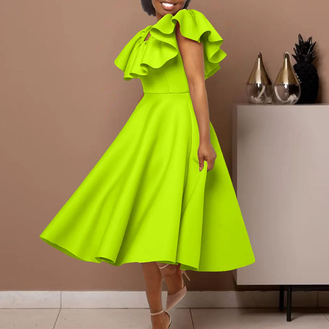 Plus Size Summer Fashionable and Elegant Solid Color Ruffle Edge Banquet  Mid Length Large Swing Dress Plus Size Women'S Dress| Alibaba.com