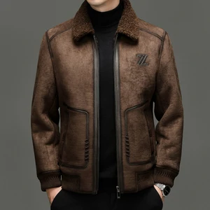 Latest Fashion Thick Fur Lining Faux Leather Jacket Casual Men'S Sheepskin Faux Fur Coat for Winter