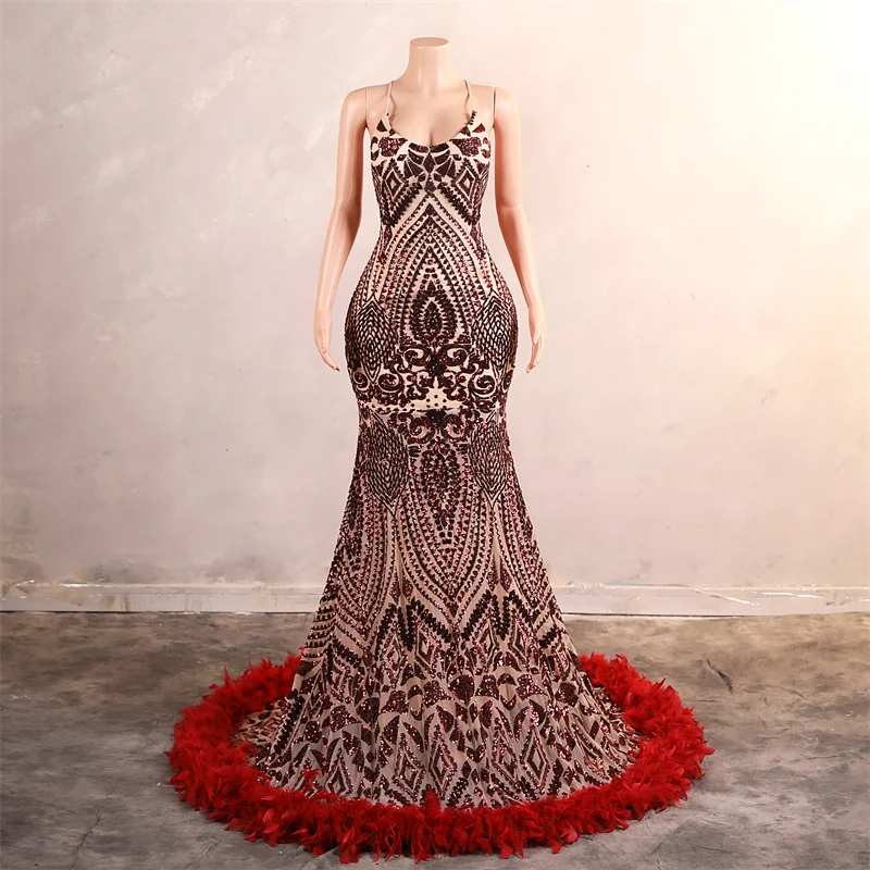 Red Sequin Feather Prom Dress In 100% Polyester With Chapel Train, V-neck, Floor-length For Evening Party, Dry Clean Only Red Sequin Feather Prom Dress In 100% Polyester With Chapel Train, V-neck, Floor-length For Evening Party, Dry Clean Only