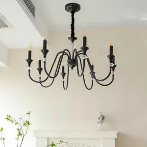 JACKSUN Black Iron American Vintage Crystal Chandelier French-Style Living Room Luxury Candle Lighting Study Master Bedroom