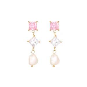 Ready to Ship Trendy Gold Plated Waterproof Stainless Steel Colorful Zircons Freshwater Pearls Stud Earrings