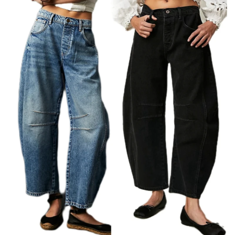Channel Latest Design Wide Leg Mid Rise Barrel Denim Ankle Pants Women's Vintage Baggy Boyfriend Jeans Pants 2025