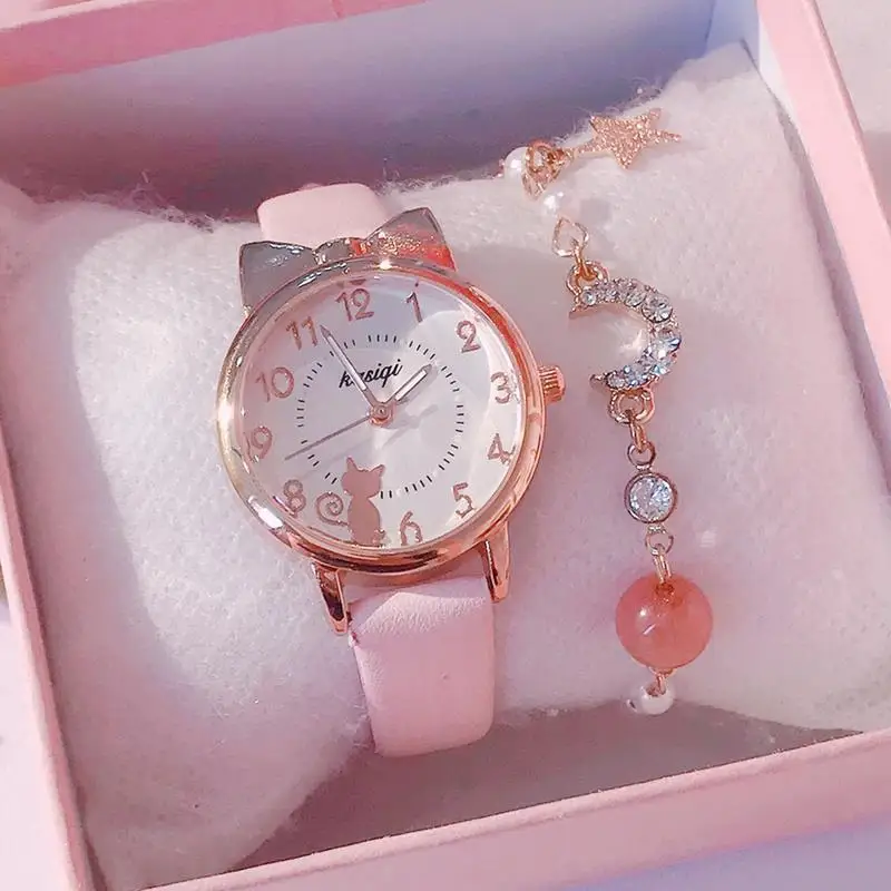 Korean Version of Cute Girl Pointer Style Cartoon Luminous Quartz Watch for  Girls Primary and Secondary School Students