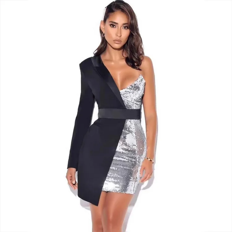 one shoulder sequin blazer dress One Shoulder Sequin Blazer Dress