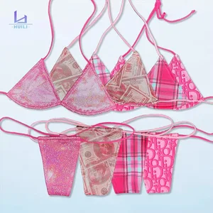 Huili OEM High Quality Designer Micro Swimsuit Manufacturer Women's Thong Two Piece Beachwear Custom Print Pink Bikini Set