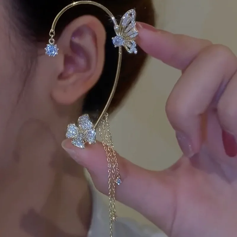 Butterfly Tassel Ear Clip Without Piercing Earrings Silvery Women Sparkling Zircon Ear Cuff Clip Flower Cuff Earrings