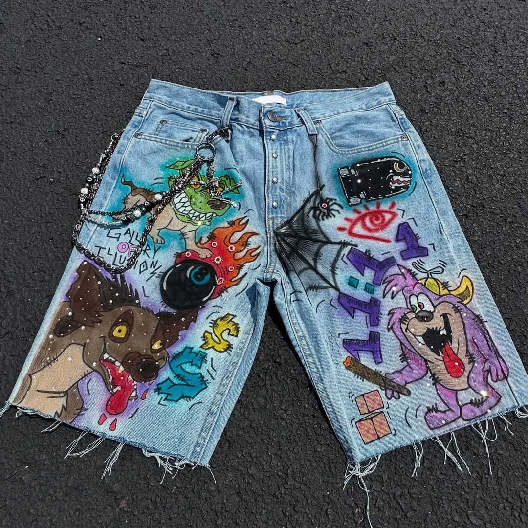 100% bómullar gömlu tíma denim-stúfuskyrtur fyrir karla, með sýrurafgert yfirborði, handfrávörpuðum óþjáðum endum, sérsniðnum anime DTG-prentunum/handmálaðum spray-myndum/díamöntum