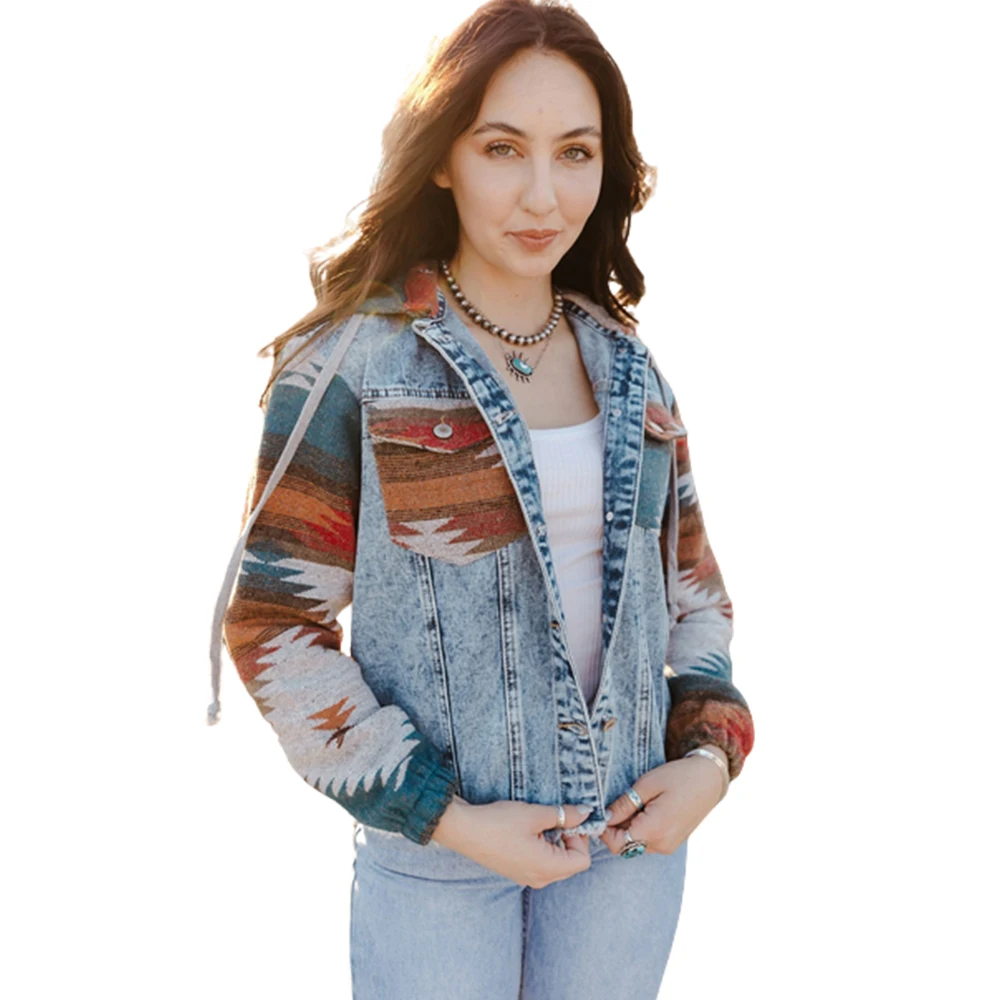Haină denim vintage cu stil aztec, cu margini destrămate, cu glugă, în stil western, pentru femei